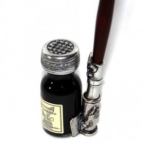 Conjunto Escritura Antigua Pluma Madera y Tintero Reposa Pluma 2