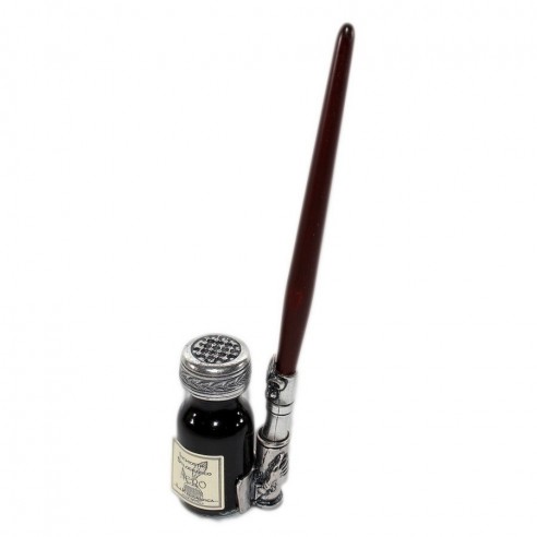 Conjunto Escritura Antigua Pluma Madera y Tintero Reposa Pluma