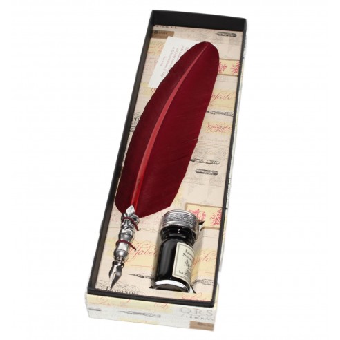 Conjunto de Escritura Antigua con Pluma de Ave y Tintero y Tapa metal