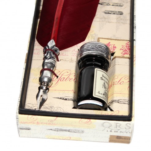 Conjunto de Escritura Antigua con Pluma de Ave y Tintero y Tapa metal