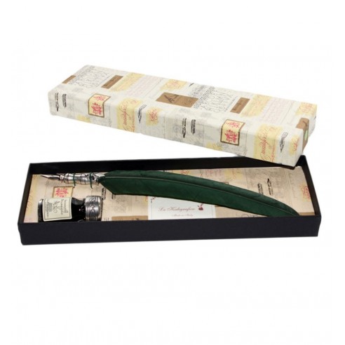 Conjunto de Escritura Antigua con Pluma de Ave y Tintero y Tapa metal