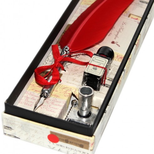 Conjunto Escritura Antigua Pluma Ave, Tintero y Reposa Pluma