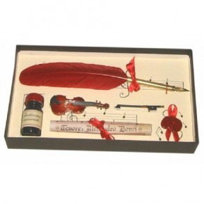 Conjunto de Escritura Antigua con Pluma de Ave, Violín y Tintero