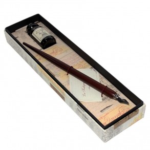 Conjunto de Escritura Antigua con Pluma de Madera y Tintero