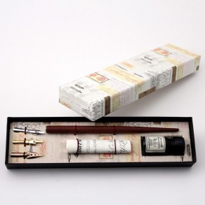 Conjunto de Escritura con Pluma de Madera, Tintero y 3 Plumillas