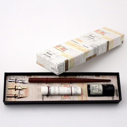 Conjunto de Escritura con Pluma de Madera, Tintero y 3 Plumillas