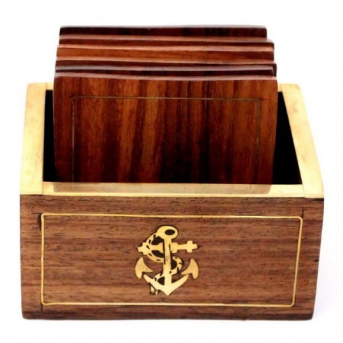 Set 6 Posavasos Cuadrados de Madera Marina y Latón
