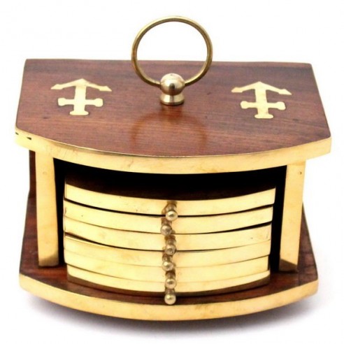 Set 6 Posavasos Madera Marina y Asideros de Latón