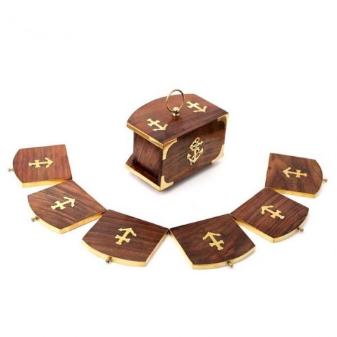 Set 6 Posavasos Madera Marina y Asideros de Latón