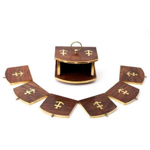 Set 6 Posavasos Madera Marina y Asideros de Latón
