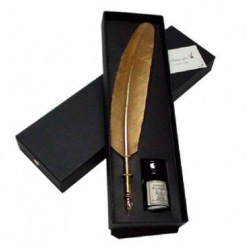 Conjunto de Escritura con Pluma de Ave en Color Oro y Tintero