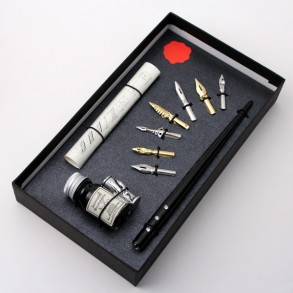 Conjunto Escritura Pluma 7 Plumillas, Tintero Reposa Pluma