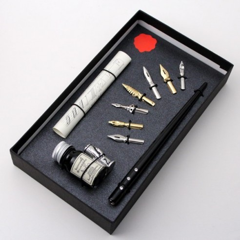 Conjunto Escritura Pluma 7 Plumillas, Tintero Reposa Pluma