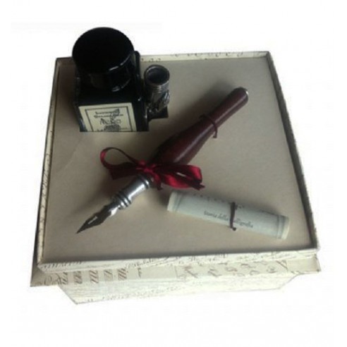 Conjunto Escritura Pluma Madera y Tintero con Reposa Pluma