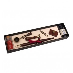Conjunto Escritura Pluma Madera, Tintero, Tampón, Cucharilla y Lacre