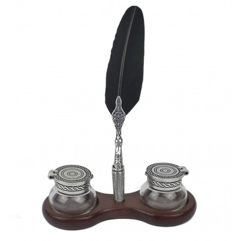Conjunto Pluma Ave con soporte de Madera y dos Tinteros