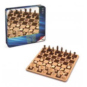 Juego Ajedrez y Damas de Madera en Caja Metálica 2