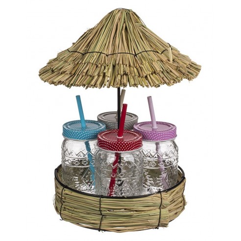 Conjunto 4 Vasos con Tapa a Rosca y Sombrilla Mimbre