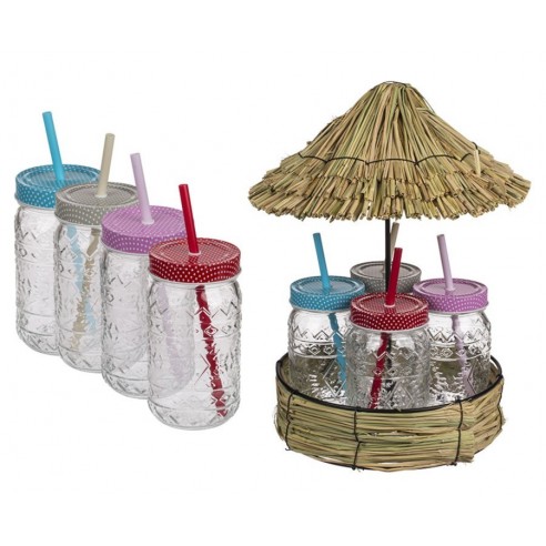 Conjunto 4 Vasos con Tapa a Rosca y Sombrilla Mimbre