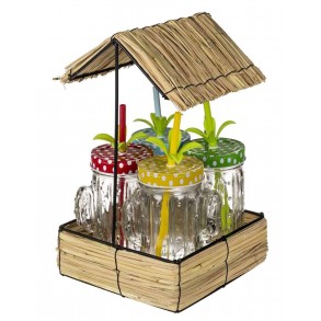 Conjunto 4 Vasos Cactus con Tapa a Rosca en Bandeja Cuadrada de Mimbre