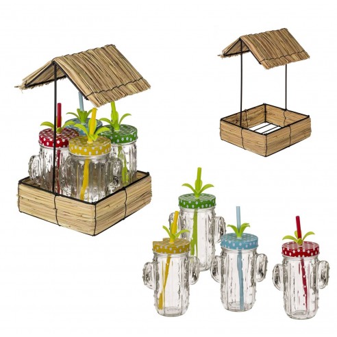 Conjunto 4 Vasos Cactus con Tapa a Rosca en Bandeja Cuadrada de Mimbre