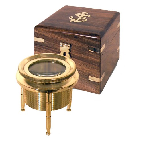 Lupa de Latón Vintage de Mesa con Caja de Madera