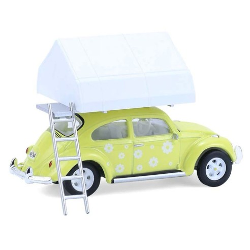 Coche Volkswagen Beetle - Yellow Flower Power with Camp'otel Cartop Sleeper Tent Escala 1:64