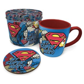Lata Regalos con Taza + Posavasos Superman